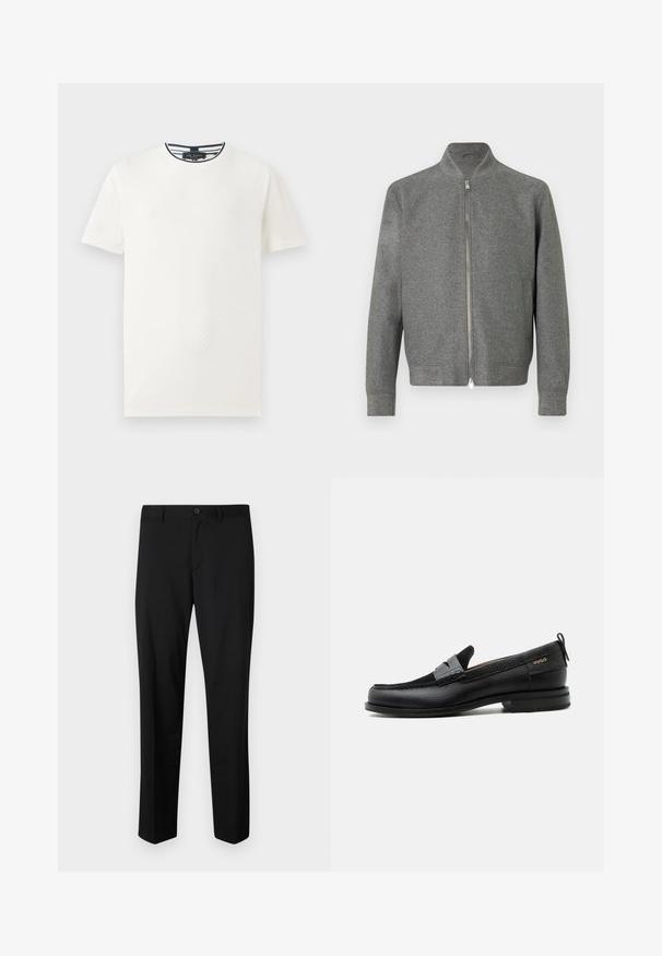 Sudadera de hombre gris con cremallera, de manga larga y cuello levantado corto, exhibida plana sobre un fondo blanco.; Camiseta de manga corta blanca con patrón texturizado, cuello redondo y ribete a rayas azul marino en el cuello. Tejido ligero. Corte casual.; Pantalones de traje negros con frente plano, cintura estándar y piernas rectas. Hechos de una tela suave, con un cierre de botón único.; Mocasín de cuero negro con detalle de tira gris, tacón bajo y suela texturizada, con la marca "HUGO" en oro en el lateral.