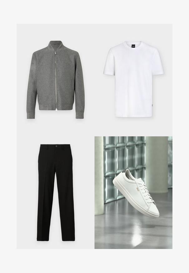 Herregrå zip-up sweater med lange ærmer og en kort stå-up krave, vist fladt på en hvid baggrund.; Enkelt hvid T-shirt med korte ærmer og rund halsudskæring, med et lille sort mærke ved kraven og subtil tekstur i stoffet.; Sorte bukser lavet af glat stof, med lige snit, knaplukning i taljen, og uden synlige mønstre eller accenter.; Hvid læder lav-top sneaker med snørebånd, sort hælflig og "BOSS"-logo, svævende indendørs nær glasblok væg og poleret gulv.