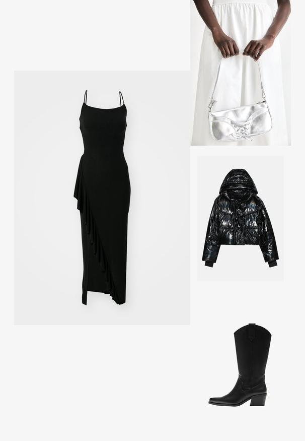 Even&Odd Zimná bunda - black; Čierne bezrukávové šaty s priliehavým telom, asymetrickým volánom na jednej strane a dlhým, hladkým siluetou. Vyrobené z elastického materiálu.; Čierna kožená westernová čižma do polovice lýtka s užším špicom a vrstveným blokovým podpätkom, s pútkom na ťahanie a jemným dekoratívnym prešívaním.; Strieborná metalická kabelka s šnurovaním, vyznačujúca sa elegantným dizajnom a krátkym popruhom. Kabelka je držaná v rukách, čo predvádza jej textúru.