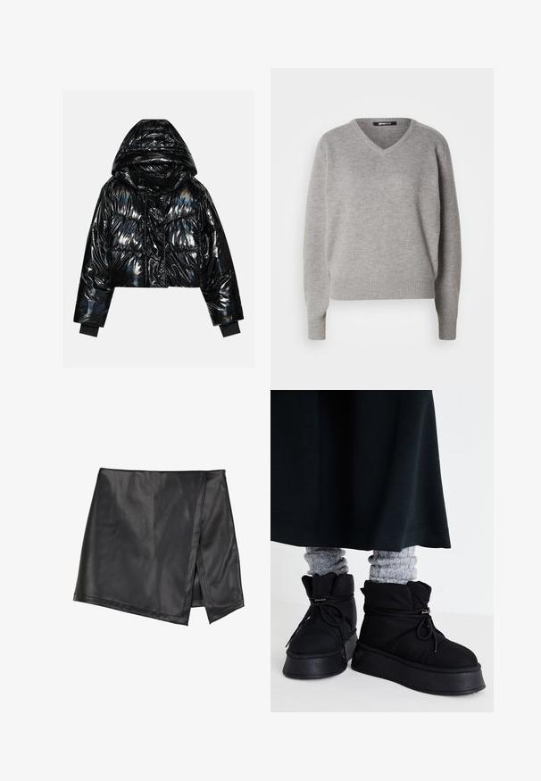 Even&Odd Zimná bunda - black; Sivý svetr s výstrihom do V vyrobený z mäkkého pleteného materiálu. Má dlhé rukávy a rebrované manžety a lem. Jednoduchý, klasický dizajn bez vzorov.; Even&Odd Minisukňa - black; Čierne nadýchané členkové topánky s plochými podrážkami, šnúrkami a výrazným šitím. V kombinácii so šedými rebrovanými ponožkami, ktoré vyčnievajú, nosené s tmavou sukňou.