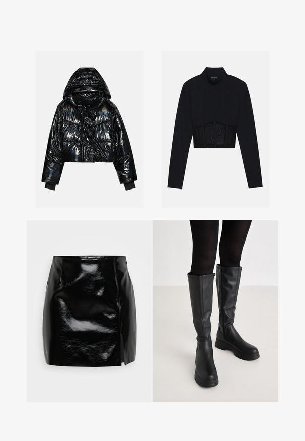 Even&Odd by Zalando Winterjacke - black; Schwarzes langärmliges Crop-Top mit hohem Kragen, einem durchsichtigen Netzpaneel an der Taille und strukturierten Nähten für einen taillierten Schnitt.; Schwarzer Minirock aus glänzendem Material. Verfügt über einen seitlichen Reißverschluss und einen Schlitz auf der rechten Seite für zusätzlichen Detail- und Designanspruch. Glatte Textur.; Even&Odd by Zalando Plateaustiefel - black