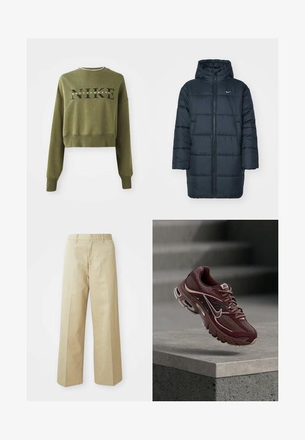 Pufová bunda v tmavomodrej farbe, so kapucňou, plným predným zipsom, rebrovanými manžetami a prešívaným dizajnom s vodorovným stehom. Logo Nike na hrudi.; Olivovo zelená skrátená mikina s dlhými rukávmi, okrúhlym výstrihom a čiernym logom 'NIKE' na hrudi. Mäkká tkanina a rebrované manžety.; Béžové široké nohavice vyrobené z bavlny s hladkou textúrou. Majú rovný strih, pútka na opasok a predné vrecká.; Nákupná obuv Nike v marónovej farbe s plátnovou sieťovinou, polstrovaným golierom, hrubou podrážkou a bielymi akcentmi. Dizajn obsahuje zaoblenú špičku a výrazné šnúrky.