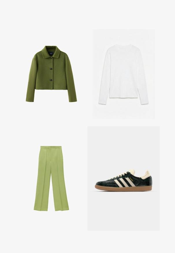 Chaqueta corta de lana verde oliva con cuello y tres botones negros en la parte delantera, mangas largas y textura suave.; Camiseta blanca lisa de manga larga con cuello redondo, extendida sobre una superficie blanca, mostrando el frente y la longitud completa de la manga.; Pantalones anchos verdes con una textura suave, pliegues en la parte delantera y una cinturilla ajustada. Un corte holgado mejora la silueta general.; adidas Originals SAMBA OG - Zapatillas - cream white/collegiate green