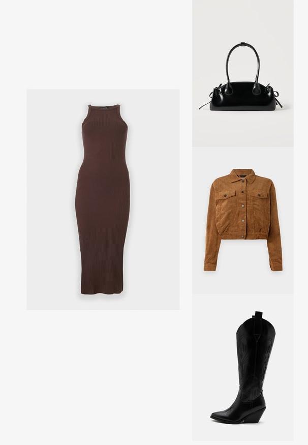 Veste cropped en velours côtelé marron avec des boutons-pression à l'avant, deux poches plaquées sur la poitrine et des manches longues sur fond blanc.; Robe midi sans manches, côtelée, marron foncé avec un col montant et une silhouette ajustée sur un fond clair uni.; Botte de cowboy en cuir noir avec bout pointu, talon bloc incliné, couture décorative et languettes en haut sur fond blanc.; Petit sac à main noir brillant avec deux longues anses et des détails à cordon sur les côtés sur un fond clair uni.