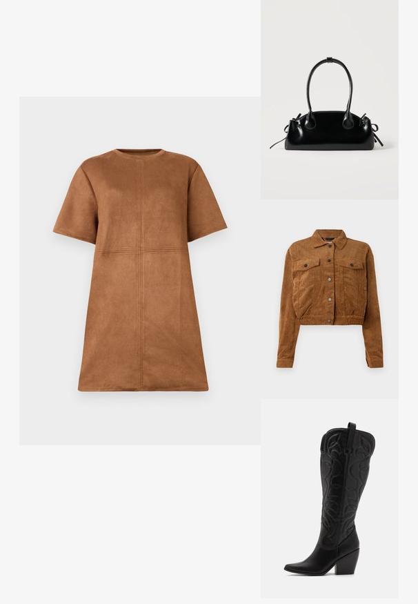 Chaqueta corta de pana marrón con botones a presión en el frente, dos bolsillos de solapa en el pecho y mangas largas sobre un fondo blanco.; Vestido corto de ante marrón con mangas cortas, escote de barco y detalles de costura vertical y horizontal en el frente.; Botas negras de cuero hasta la rodilla con punta puntiaguda y tacón apilado. Presentan costuras decorativas y elementos de diseño curvados.; Pequeño bolso negro brillante con dos asas largas y detalles de cordón lateral sobre un fondo claro liso.