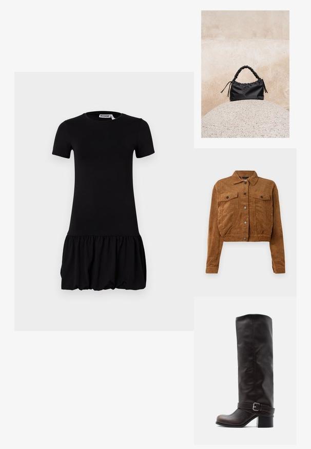 Veste cropped en velours côtelé marron avec des boutons-pression à l'avant, deux poches plaquées sur la poitrine et des manches longues sur fond blanc.; Robe noire à manches courtes avec un corsage ajusté et une jupe évasée et plissée. Matériau doux avec une texture lisse et un col rond.; Botte montante en cuir brun foncé avec bout arrondi, petit talon bloc, et sangle décorative avec boucle argentée près de la cheville.; Sac à main noir froncé avec une poignée froncée, posé sur une sphère en pierre texturée devant un mur en béton beige.
