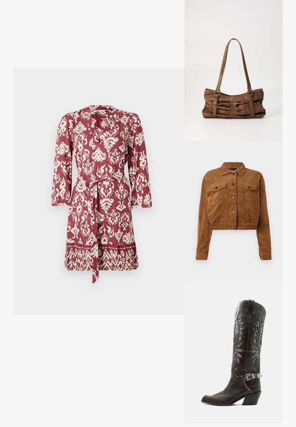 Veste cropped en velours côtelé marron avec des boutons-pression à l'avant, deux poches plaquées sur la poitrine et des manches longues sur fond blanc.; Robe à motifs rouges et blancs avec une taille à nouer, des manches longues et un décolleté en V. Présente un design floral et géométrique complexe.; Botte de cowboy en cuir noir avec découpes décoratives, boucle argentée et talon incliné, présentée sur fond blanc.; Even&Odd Sac à main - brown
