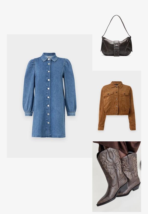 Pruunist korduroy'ist lühike jakk, millel on ees nupud, kaks klapiga rinna taskut ja pikad varrukad valgel taustal.; Denimkleit pikka puffseelikutega, nupuväärisega, kraega ja sirge lõikega. Sinine kangas, millel on sile tekstuur.; Pruunid nahast cowboy saapad terava nina, külgining, ja beeži värvi tekstureeritud mao muster, mille äärtes on dekoratiivsed nurgastud.; Pruunist nahast õlakott kumerate joontega, millel on silmapaistev pandla detail, kontrastne õmblus ja üks õlavarre rihm.