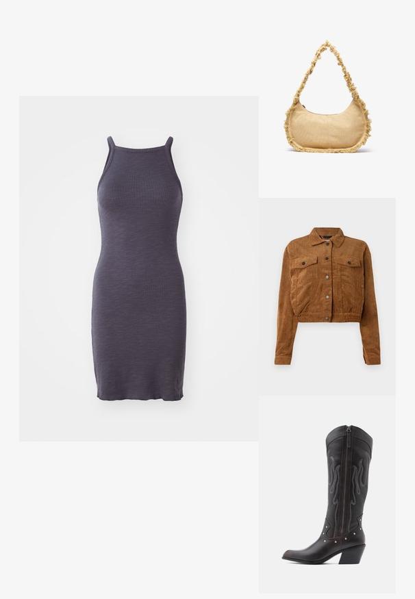 Bruine corduroy cropped jas met voorste drukknoopsluiting, twee klepborstzakken en lange mouwen op een witte achtergrond.; Geribbelde bodycon jurk in donkerpaars, met dunne bandjes en een aansluitende pasvorm, gemaakt van een rekbare gebreide stof.; Bruine leren cowboylaarzen met vlamstiksels, zijrits, zilveren studs, spits toelopende neus en gestapelde hak.; Geverfde beige tas met een ronde vorm, rafelige rand langs de randen en een korte schouderband. Ritsopening aan de bovenkant.