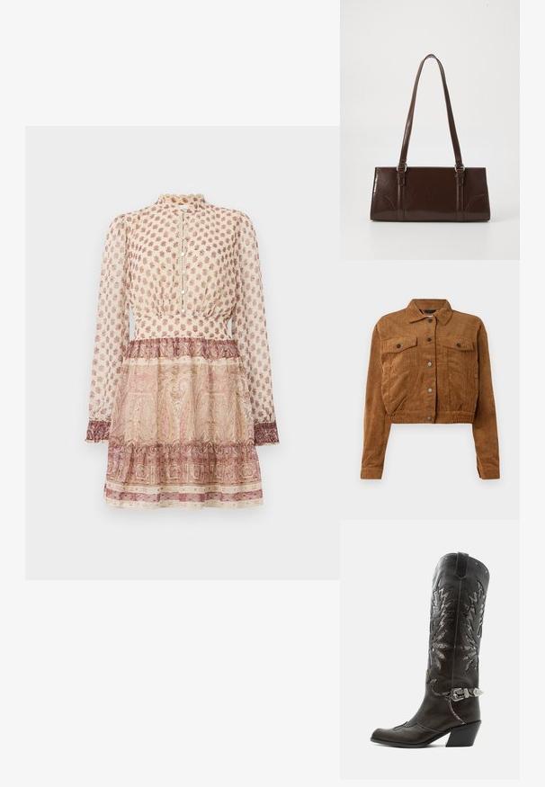 Chaqueta corta de pana marrón con botones a presión en el frente, dos bolsillos de solapa en el pecho y mangas largas sobre un fondo blanco.; Vestido beige de manga larga con estampados florales y de cachemira marrones, con botones en la parte delantera, cuello alto, cintura ajustada y falda con volantes.; Bota cowboy de cuero negro con recortes decorativos, hebilla plateada y tacón inclinado, presentada sobre fondo blanco.; Bolso de mano de piel sintética marrón con forma rectangular, dos asas largas y sutiles acentos curvados en la parte delantera.