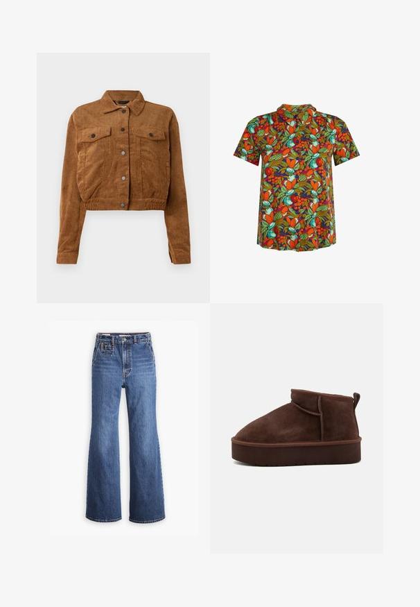 Chaqueta corta de pana marrón con botones a presión en el frente, dos bolsillos de solapa en el pecho y mangas largas sobre un fondo blanco.; Camisa de manga corta con botones y un vibrante patrón de frutas y hojas en naranja, verde y azul verdoso sobre fondo oscuro.; Pantalones vaqueros de denim azul de cintura alta con un diseño de pierna ancha, que cuentan con un bolsillo delantero, cierre de botón de bronce y costuras en contraste.; Botín de ante marrón con punta redondeada, textura suave y suela de plataforma gruesa. Presenta un sutil detalle de costura y un tirador trasero.
