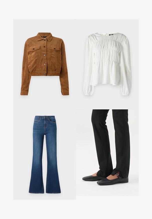 Bruine corduroy cropped jas met voorste drukknoopsluiting, twee klepborstzakken en lange mouwen op een witte achtergrond.; Witte blouse met een ronde halslijn, lange mouwen en een geplooide textuur bij het lijfje. Heeft opgezette mouwen en een vloeiende zoom.; Uitgebreide spijkerbroek gemaakt van middelzwaar katoen, met een diepblauwe wassing, contrasterende stiksels en een traditionele vijf-pocketontwerp.; Benen met zwarte smalle broek met voorsplitten aan de zoom, gecombineerd met zwarte platte Mary Jane-schoenen met een klein gespje.