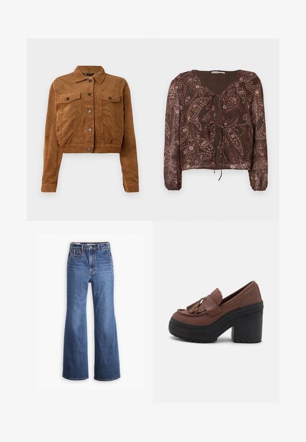 Veste cropped en velours côtelé marron avec des boutons-pression à l'avant, deux poches plaquées sur la poitrine et des manches longues sur fond blanc.; Blouse marron à motif avec des manches longues élastiques, encolure en V et détail de nœud à l'avant. Présente des motifs floraux et paisley dans des couleurs douces.; Jean en denim bleu taille haute avec une coupe large, équipé d'une poche avant, d'une fermeture à bouton en laiton et de surpiqûres contrastantes.; Mocassins en cuir marron avec un bout arrondi, des accents à pampilles, des détails cousus, et un épais talon en caoutchouc noir avec une semelle texturée.