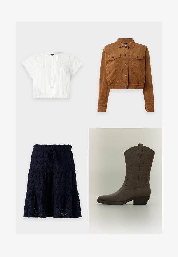 Bruine corduroy cropped jas met voorste drukknoopsluiting, twee klepborstzakken en lange mouwen op een witte achtergrond.; Witte gecropte blouse van lichtgewicht stof. Heeft korte mouwen, een knoopsluiting aan de voorkant, pintuck-details en kanten accenten op de schouders en de zoom.; Marineblauwe rok met een elastische tailleband en koord. Voorzien van een gaatjespatroon, gelaagde ruches en een gestructureerde stof.; Bruine leren cowboylaars van gemiddelde hoogte met puntige neus, decoratieve stiksels, aantreklus en schuine blokhak op een neutrale achtergrond.