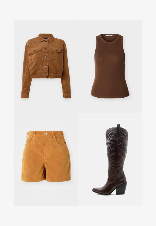 Veste cropped en velours côtelé marron avec des boutons-pression à l'avant, deux poches plaquées sur la poitrine et des manches longues sur fond blanc.; Débardeur marron côtelé sans manches avec encolure ronde et petit logo noir brodé au centre devant.; Shorts taille haute en daim marron avec bouton à l'avant, passants de ceinture et style à cinq poches sur fond blanc uni.; Botte de cowboy haute en cuir marron foncé avec motifs décoratifs cousus, bout pointu et talon bloc empilé.