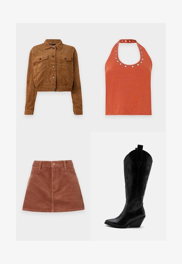 Veste cropped en velours côtelé marron avec des boutons-pression à l'avant, deux poches plaquées sur la poitrine et des manches longues sur fond blanc.; Haut halter de couleur rouille avec un col rond, comportant des œillets en métal argenté autour du col. Texture douce et design ajusté.; Jupe mini en velours côtelé marron avec texture à côtes verticales, poches avant, fermeture à bouton et coupe droite.; Botte de cowboy en cuir noir avec bout pointu, talon bloc incliné, couture décorative et languettes en haut sur fond blanc.