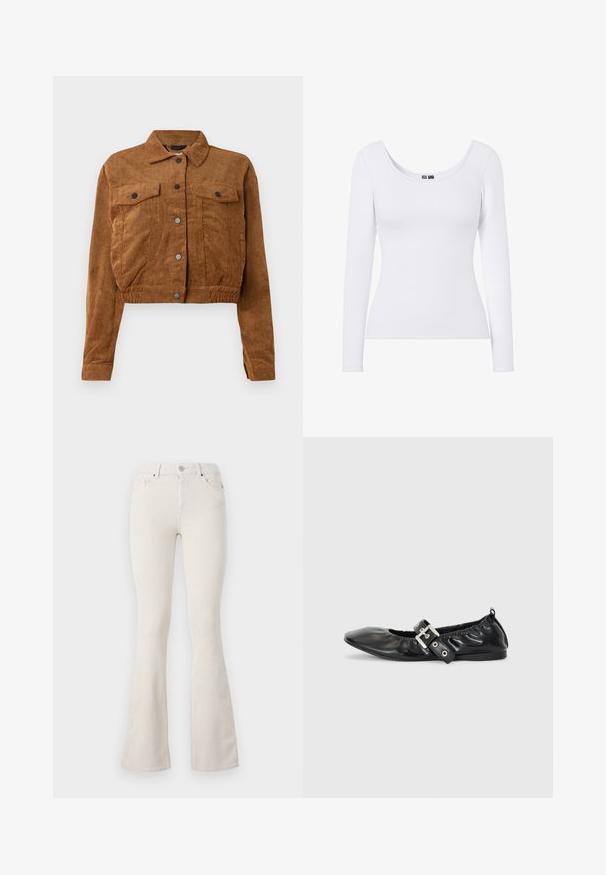 Veste cropped en velours côtelé marron avec des boutons-pression à l'avant, deux poches plaquées sur la poitrine et des manches longues sur fond blanc.; Top à manches longues blanc avec un décolleté arrondi et une texture côtelée, conçu pour une silhouette ajustée. Sans motifs ni accents.; Pantalons en velours côtelé beige évasés avec une taille haute, présentant une fermeture à bouton métallique, des passants de ceinture, et une texture côtelée visible sur toute la surface.; Chaussure plate en cuir noir avec un nez pointu, des détails froncés autour de l'ouverture et un accent en boucle argentée sur la bride ajustable.