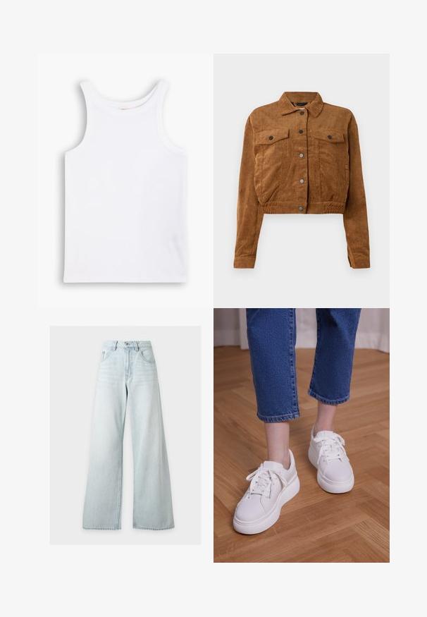 Veste cropped en velours côtelé marron avec des boutons-pression à l'avant, deux poches plaquées sur la poitrine et des manches longues sur fond blanc.; Débardeur en coton blanc avec de larges bretelles, un col rond et une texture lisse et côtelée. Aucun motif ni accent présent.; Jean bleu clair taille haute à jambes larges avec bouton et fermeture éclair devant, poches avant et passants de ceinture sur fond blanc.; Jambes portant un jean court bleu et des baskets blanches à plateforme à lacets, debout sur un sol en bois clair.