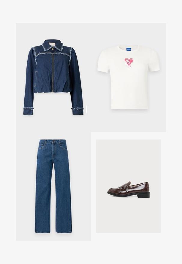 Mørkeblå denimjakke med frontlynlås, frynsede kanter på krave, skuldre og manchetter samt lange ærmer mod en ensartet baggrund.; Hvid bomulds t-shirt med korte ærmer med et rødt dryppende hjertegrafik i midten, rund halsudskæring og standard pasform.; Blå højtaljede vide ben-jeans med for- og baglommer, knaplukning og synlig syning på en hvid baggrund.; Brun læderloafer med blank finish, lav sort hæl og sølvspænde fortil, vist i profil på hvid baggrund.
