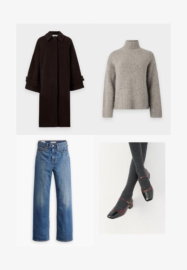 Brun uldfrakke med kravehals, raglanærmer, knaplukning foran og sidelommer. Har ærmeknopper med knapper.; Lys grå turtleneck sweater lavet af blødt, struktureret stof. Har ribbede manchetter og kant, med en afslappet pasform og minimalistisk design.; Lyseblå denimjeans med høj talje, bred benstil, klassisk fem-lomme design og subtil falmning på stoffet.; Burgunderrøde læder Mary Jane-sko med en sort laktoej og tynd ankelrem; båret med mørkegrå ribbede strømper. Lav blokhæl.