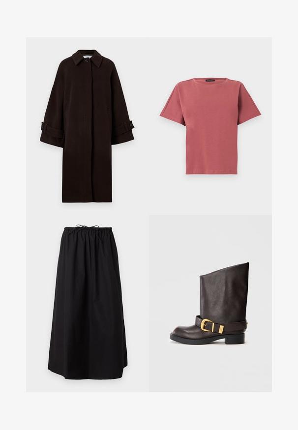 Brun uldfrakke med kravehals, raglanærmer, knaplukning foran og sidelommer. Har ærmeknopper med knapper.; Støvet rosa T-shirt med korte ærmer, rund halsudskæring, lige kant, minimale syninger og et lille sort brandlabel indeni halsudskæringen.; Sort ankel-lang nederdel med elastisk taljebånd og knyttet snøre.; Mørkebrune læderstøvler til midt på lægen med sort sål, lav hæl og dekorativt guldbuckle-strap rundt om anklen, vist fra siden.