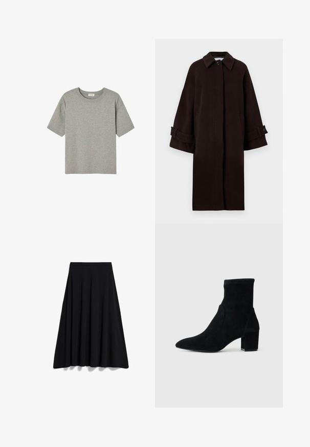 Bruine wollen jas met een kraaghals, raglanmouwen, knoopsluiting aan de voorkant en zijzakken. Voorzien van manchetbandjes met knopen.; Grijze T-shirt met korte mouwen, gemaakt van zachte katoen, met een ronde hals en een ontspannen pasvorm zonder opvallende patronen of accenten.; ARMEDANGELS ILENIAA LARAA - Maxirok - black; Zwarte suède enkellaars met een spitse neus en een blokhak van middelhoogte. Voorzien van een rekbare bovenkant en een naadloos ontwerp voor een strakke uitstraling.