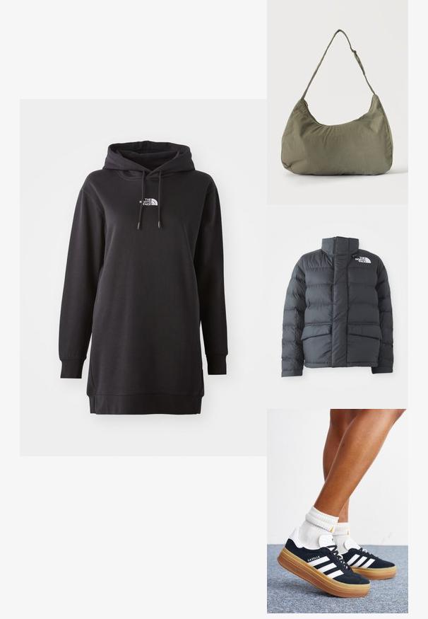 Chaqueta tipo puffer negra con cuello alto, diseño acolchado, cierre frontal con cremallera y dos bolsillos delanteros. Presenta un logo blanco en el lado izquierdo del pecho.; Vestido sudadera negro hecho de tela suave, con un bolsillo canguro delantero, capucha ajustable con cordón y un pequeño logo en el pecho.; Piernas con calcetines blancos y zapatillas Adidas Gazelle negras con rayas blancas y suelas marrones gruesas sobre un suelo alfombrado gris.; Bolso de hombro de tela suave color verde oliva con cierre de cremallera y correa ajustable sobre un fondo liso y claro.