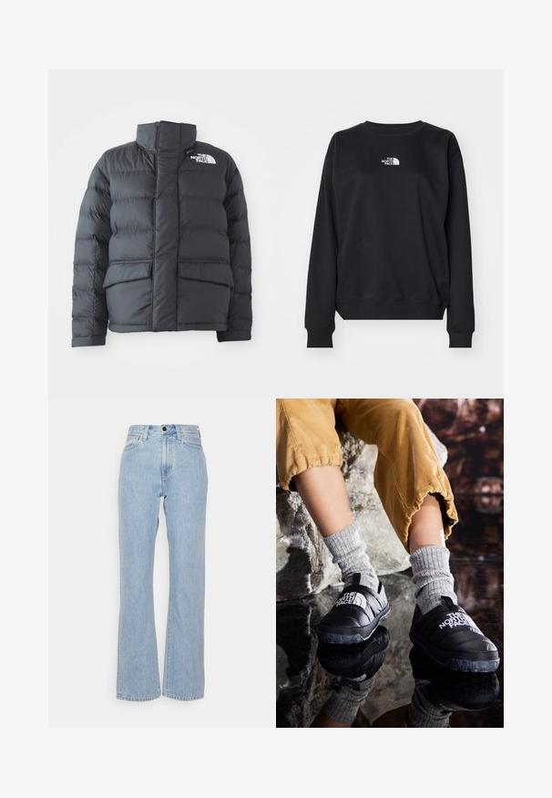 Schwarze Steppjacke mit hohem Kragen, gestepptem Design, Reißverschluss vorne und zwei Fronttaschen. Mit einem weißen Logo auf der linken Brust.; Schwarzer Sweatshirt aus Baumwollmischung, mit rundem Halsausschnitt, langen Ärmeln, gerippten Bündchen und einem kleinen weißen Logo auf der Brust.; Hellblaue Denim-Jeans mit hoher Taille und weitem Bein, ausgestattet mit Gürtelschlaufen, einem Vorderknopfverschluss und klassischem Fünf-Taschen-Stil.; Schwarze isolierte Schlupfschuhe mit strukturierten Sohlen und weißem Logo, getragen mit grauen Strümpfen aus Strick, kombiniert mit ribbeligen, senffarbenen Hosen.