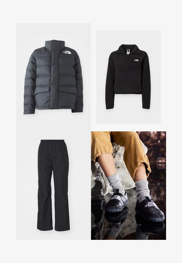 Mustapuffer takki, jossa on korkea kaulus, tikattu rakenne, vetoketjullinen etuosa ja kaksi etutaskua. Vasemmassa rinnassa on valkoinen logo.; Musta fleece-pullover, jossa on neljännesvetoketju, korkea kaulus ja rintatasku, jossa on valkoinen logo. Pehmeä tekstuuri ja lyhennetty malli.; Mustat, kevyet housut, joissa on joustava vyötärö ja nyöri. Niissä on teksturoitu pinta ja pieni heijastava logo sivussa.; Mustat eristetyt liukupohjaiset kengät, joissa on tekstuuriset pohjat ja valkoinen logo, käytetty harmaiden neulosasukasien kanssa, yhdistetty ribattuihin sinapinkeltaisiin housuihin.