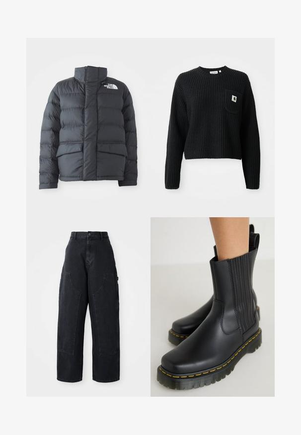 Schwarze Steppjacke mit hohem Kragen, gestepptem Design, Reißverschluss vorne und zwei Fronttaschen. Mit einem weißen Logo auf der linken Brust.; Schwarzer gerippter Strickpullover mit rundem Ausschnitt, langen Ärmeln und einer Fronttasche mit einem kleinen Logopatch. Verkürzte Länge.; Schwarze Denim Cargo-Hosen mit weitem Bein und hoher Taille, zwei großen Vordertaschen und einem Knopfverschluss an der Taille. Glatte Textur, lässiges Design.; Schwarze Knöchelstiefel mit einer glatten, matten Oberfläche. Verfügt über vertikale Nähte, eine klobige Sohle mit gelben Nähten und einer Zuglasche auf der Rückseite.