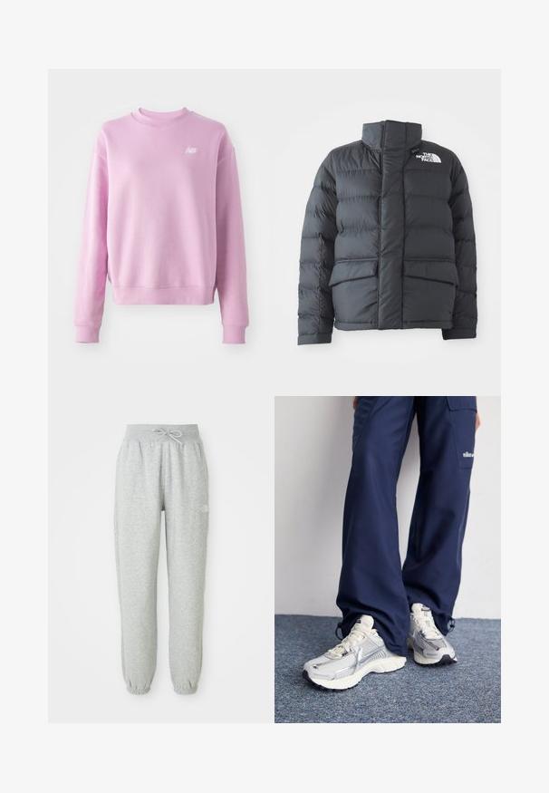 Zwarte pufferjack met een hoge kraag, gequilt ontwerp, ritssluiting aan de voorkant en twee voorzakken. Bevat een wit logo op de linkerborst.; Roze sweatshirt met een ronde hals, geribbelde manchetten en zoom, en een klein wit logo op de linkerborst. Zacht materiaal en een relaxte pasvorm.; Grijze sweatpants met een elastische tailleband en trekkoord. De stof is zacht, met elastische boorden bij de enkels en een logodetail.; Nike hardloopschoenen met een zilveren mesh bovenkant, witte accenten en structuurzolen, gecombineerd met luchtige navy broeken.