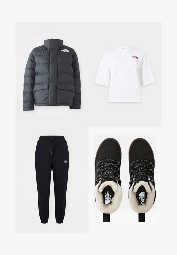 Chaqueta tipo puffer negra con cuello alto, diseño acolchado, cierre frontal con cremallera y dos bolsillos delanteros. Presenta un logo blanco en el lado izquierdo del pecho.; Camiseta blanca de manga corta con cuello redondo y pequeño logo "The North Face" color burdeos en la parte superior izquierda del pecho.; Pantalones de chándal negros con cintura y puños elásticos, cordón de ajuste, bolsillos laterales y pequeño logo blanco de The North Face en el muslo derecho.; Botas de tobillo negras impermeables con forro de piel sintética, tejido texturizado, cordones con un patrón blanco y negro, y una lengüeta en el talón.