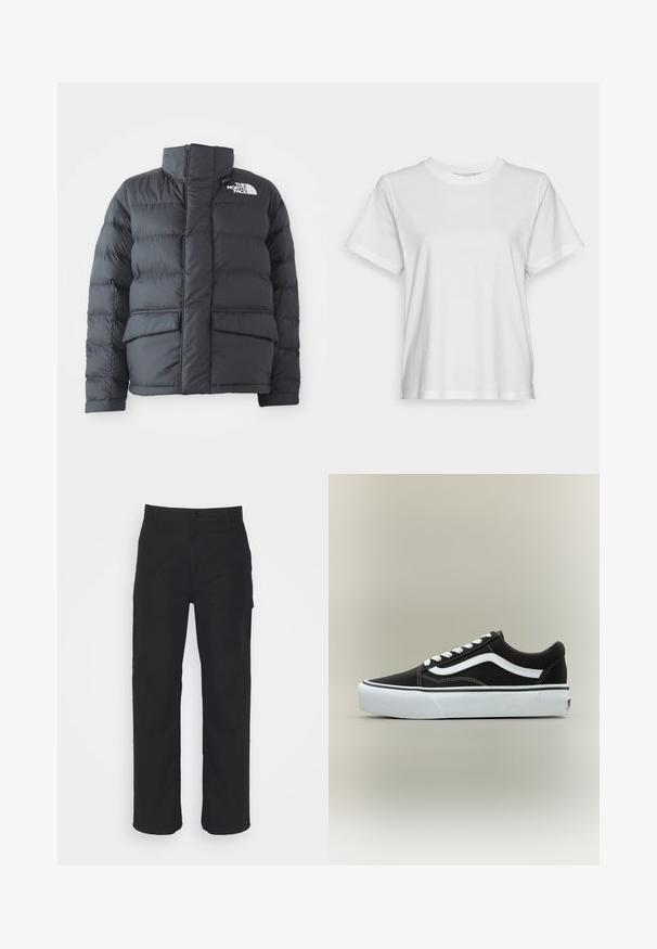 Doudoune noire avec col haut, design matelassé, fermeture éclair à l'avant et deux poches avant. Présente un logo blanc sur la poitrine gauche.; T-shirt en coton blanc à manches courtes, col rond et coupe décontractée. Texture lisse, sans motifs ni graphiques, design basique.; Pantalons en coton noir avec une coupe droite, fermeture à bouton et passants de ceinture. Présente un design classique sans poches visibles.; Baskets basses noires avec bande blanche latérale, lacets blancs, semelle en caoutchouc blanche et bout texturé sur fond neutre.