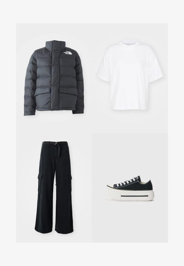 Schwarze Steppjacke mit hohem Kragen, gestepptem Design, Reißverschluss vorne und zwei Fronttaschen. Mit einem weißen Logo auf der linken Brust.; Weißes Baumwoll-T-Shirt mit Rundhalsausschnitt, kurzen Ärmeln und lockerer Passform. Verfügt über ein dezentes Logo auf der linken Brustseite. Glatte Textur.; Schwarze, weit geschnittene Cargo-Hosen aus Baumwolle mit einem Bindegürtel, ausgestattet mit zwei Seitentaschen und einer glatten Stoffstruktur.; Schwarze Canvas-Sneaker mit einer weißen Gummisohle, die eine dicke Plateausohle, weiße Schnürsenkel und kontrastierende Nähte entlang der Nähte aufweisen.