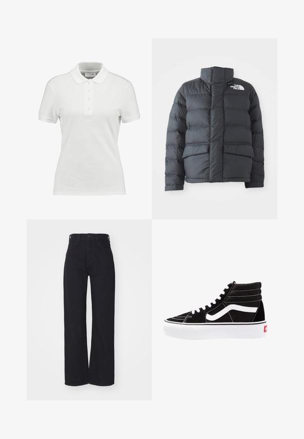 Schwarze Steppjacke mit hohem Kragen, gestepptem Design, Reißverschluss vorne und zwei Fronttaschen. Mit einem weißen Logo auf der linken Brust.; Weißes Poloshirt aus strukturiertem Baumwollstoff, mit klassischem Kragen, drei Knöpfen an der Knopfleiste und kleinem Lacoste-Logo auf der Brust.; Schwarze hochgeschnittene weite Jeans mit Knopf- und Reißverschluss vorne, Gürtelschlaufen und zwei Vordertaschen auf weißem Hintergrund.; Schwarze High-Top-Sneaker mit weißen Schnürsenkeln, einem weißen Logo und kontrastierendem weißen Nähten. Verfügt über eine dicke weiße Sohle und ein strukturiertes Wildleder-Obermaterial.