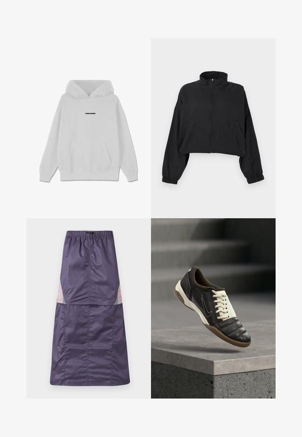 Sort cropet jakke med høj krave, lynlås foran, lange ærmer, elastiske manchetter og skrå sømdetaljer på torsoen.; Hvid hoodie med en frontlomme og hætte med snøre. Har sort "PEGAODR" tekst centreret på brystet. Blødt, bomuldsblanding materiale.; Lilla nylon nederdel med elastisk talje, der har farveblokpaneler i pink og grøn samt en lille hvid logo på den øverste del.; Mørkebrun lædersneaker med cremehvide snørebånd, en polstret krave og en tekstureret tå. Har en gummisål og en sidelæns swoosh-logo.
