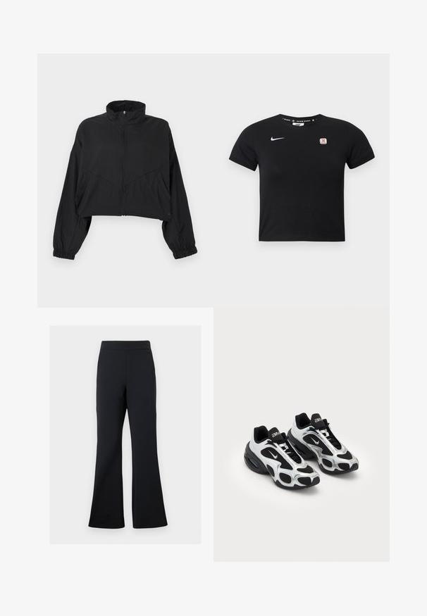 Chaqueta negra recortada con cuello alto, cremallera frontal, mangas largas, puños elásticos y detalles de costuras anguladas en el torso.; Top corto negro de manga corta hecho de algodón. Presenta un logo de Nike en blanco y un pequeño emblema rojo y blanco en el pecho izquierdo. Textura lisa.; Pantalones de campana negros hechos de tejido suave con una cintura elástica y un discreto detalle de bolsillo lateral, que presentan una textura lisa y un diseño minimalista.; Zapatos deportivos negros y plateados con parte superior de malla y sintético, que presentan un diseño ondulante distintivo y un collar acolchado, con amortiguación de aire en la suela.