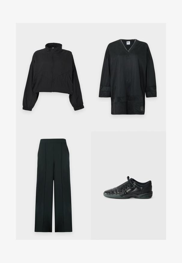 Chaqueta negra recortada con cuello alto, cremallera frontal, mangas largas, puños elásticos y detalles de costuras anguladas en el torso.; Camiseta negra de manga corta de Nike con cuello en V, que presenta costillas verticales, acentos cosidos y un logo en el pecho izquierdo. Tela ligera.; Pantalones negros de pierna ancha hechos de tela suave, con cintura alta, pliegues verticales y sin herrajes visibles ni bolsillos.; Zapatilla deportiva de cuero negro con un diseño acolchado, punta redondeada, cordones en la parte delantera y suela de goma. Presenta un sutil logotipo en el lateral.
