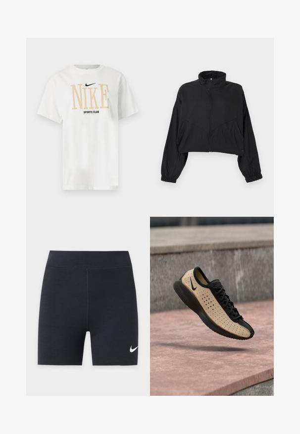 Μαύρο cropped σακάκι με ψηλό γιακά, φερμουάρ μπροστά, μακριά μανίκια, ελαστική μανσέτα και λοξά ραφές στο σώμα.; Λευκό κοντομάνικο T-shirt με μεγάλο μπεζ κείμενο "NIKE", μικρό μαύρο σήμα Nike από πάνω και "SPORTS CLUB" μαύρο από κάτω στο κέντρο μπροστά.; Μαύρα αθλητικά σορτς με λευκό λογότυπο Nike swoosh στο κάτω αριστερό πόδι, με ψηλή μέση και κεντρική μπροστινή ραφή.; Μαύρο και μπεζ αθλητικό παπούτσι Nike με διάτρητες πλευρές και μαύρη σόλα, εμφανιζόμενο στον αέρα πάνω από μια ρόζ τσιμεντένια επιφάνεια.