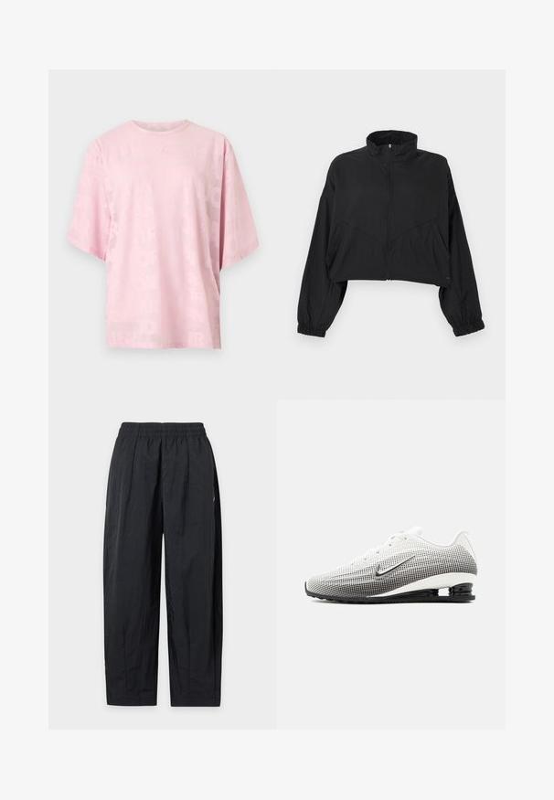 Μαύρο cropped σακάκι με ψηλό γιακά, φερμουάρ μπροστά, μακριά μανίκια, ελαστική μανσέτα και λοξά ραφές στο σώμα.; Ανοιχτό ροζ μπλουζάκι με κοντά μανίκια και στρογγυλή λαιμόκοψη, με διακριτικό ανάγλυφο μοτίβο κειμένου σε όλη την επιφάνεια και μικρό ανάγλυφο λογότυπο στο κέντρο του στήθους.; Μαύροι παντελόνες με χαλαρή εφαρμογή και ελαστική μέση, κατασκευασμένοι από ελαφρύ ύφασμα, εμφανίζονται επίπεδα σε λευκό φόντο.; Άσπρο και μαύρο αθλητικό παπούτσι Nike με βαθμιαία διαβαθμισμένο μοτίβο κουκκίδων, μαύρη σόλα και ορατή πίσω απορροφητική ελαστική υποστήριξη που μοιάζει με ελατήριο.