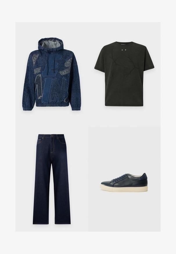 Navyblauer Kapuzenpullover mit kompliziertem gemustertem Stoff, großen grafischen Buchstaben und elastischen Bündchen und Saum.; Schwarzes kurzärmeliges T-Shirt aus Baumwolle mit einem dezenten Astmuster, rundem Ausschnitt und zwei Metallknöpfen vorne.; Dunkelblaue Jeans aus Denim mit hoher Taille, weitem Bein und Kontrastnähten. Merkmale sind Fronttaschen und eine einzelne Gesäßtasche.; Dunkelblaues Leder-Sneaker mit cremefarbener Gummisohle, ausgestattet mit blauen Schnürsenkeln und einer glatten Textur. Abgerundete Zehenpartie und minimalistisches Design.