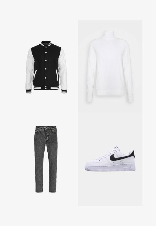 Sort og hvid varsity-jakke med en uldkrop og lærsleeves, der har en ribbet krave, ærmer og to frontlommer.; Hvid turtleneck sweater med lange ærmer, lavet af glat stof. Har et tætsiddende design og ribbede manchetter og kant. Ingen mønstre eller accenter.; Jack & Jones Relaxed Fit JJICHRIS JJORIGINAL SQ 734 - Jeans Tapered Fit - black denim; Hvide lædersneakers med en struktureret sort Swoosh, flade snørebånd og en gummisål med et rillemønster. "AIR" er præget på hælen.