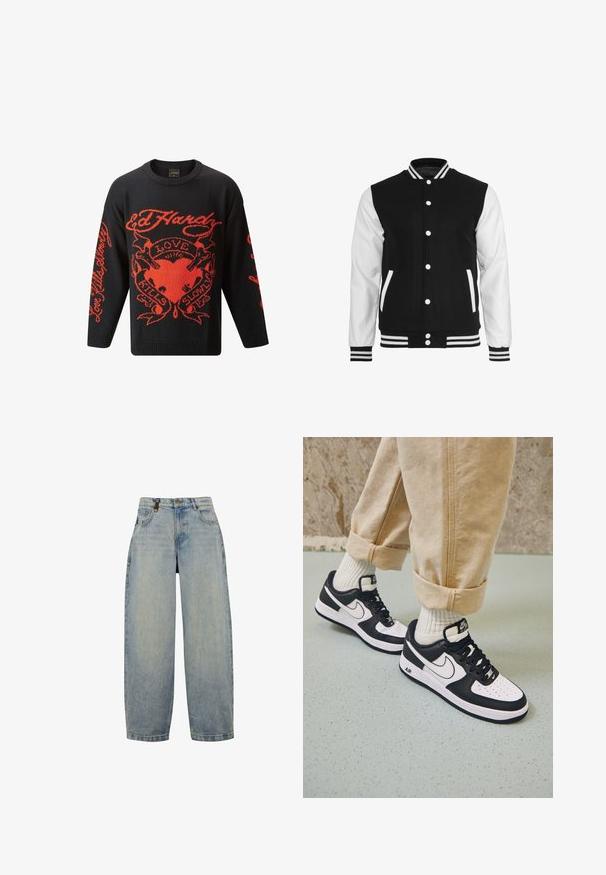Sort og hvid varsity-jakke med en uldkrop og lærsleeves, der har en ribbet krave, ærmer og to frontlommer.; Sort striktrøje med iøjnefaldende røde grafiske designs, herunder ordene "Kærlighed Dræber Langsomt" og et hjerte motiv. Rund hals og lange ærmer.; Lysblå denimjeans med en afslappet pasform, der har høj talje, brede ben, klassisk femlomme-design og metalhardware.; Sorte og hvide Nike Air Force 1 sneakers med læderoverdel, perforeret tå og tekstureret såldetalje, båret med rullede beige bukser og hvide sokker.