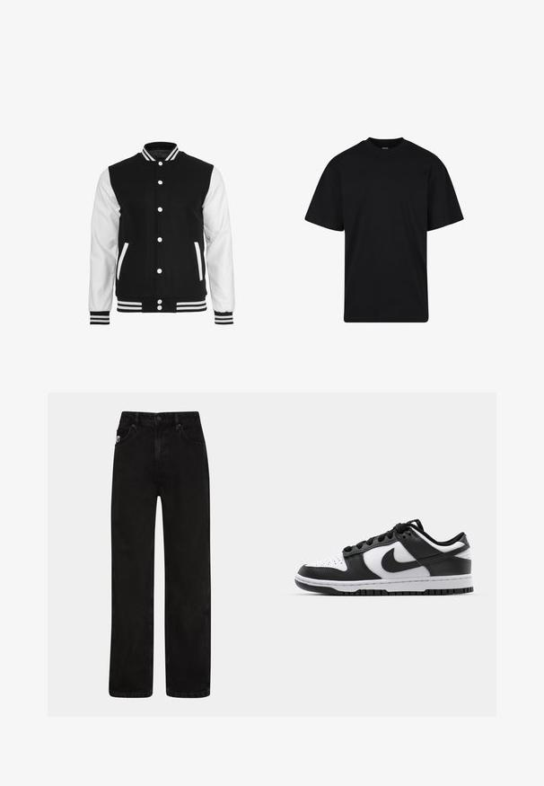 Sort og hvid varsity-jakke med en uldkrop og lærsleeves, der har en ribbet krave, ærmer og to frontlommer.; Sort T-shirt med korte ærmer og rund hals, afslappet pasform, ensfarvet design uden synlige logoer eller mønstre.; Sorte denim jeans med lige ben, der har forlommer, lukning med knap og en diskret logo-patch på taljen.; Sort og hvid Nike Dunk sneakers med læderoverdel, perforeret tå, sorte snørebånd og en sort gummisål med slidbanedesign.
