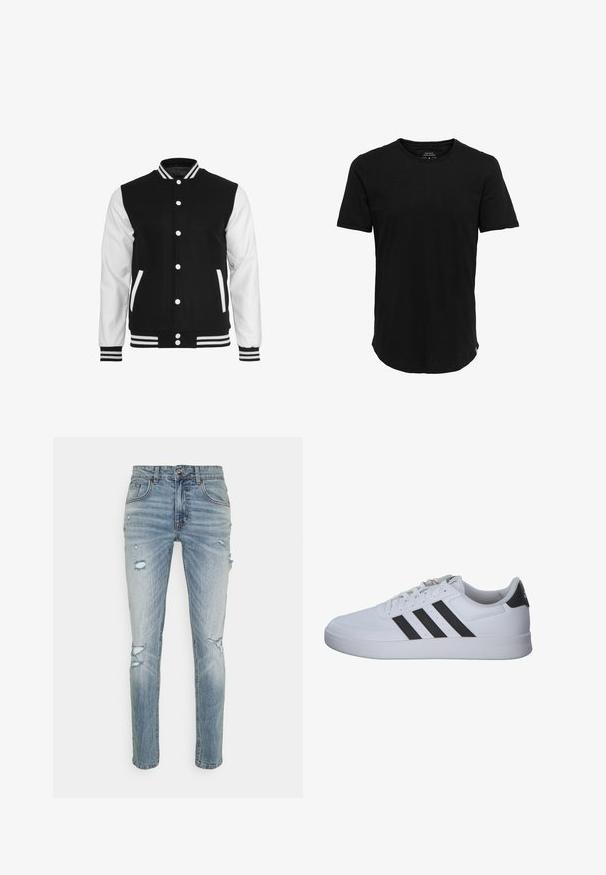 Sort og hvid varsity-jakke med en uldkrop og lærsleeves, der har en ribbet krave, ærmer og to frontlommer.; Sort kortærmet t-shirt med rund hals, lavet af blødt stof, med en let forlænget bagdel og minimalistisk design.; Lysblå denim jeans med slim fit, der har slidte huller, fem lommer, knaplukning og subtile falmninger overalt.; Hvid lavtop Adidas sneaker med sorte tre striber, hvide snørebånd, polstret sål og sort hællogo, sideudsigt på hvid baggrund.