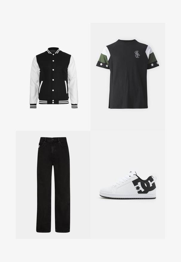 Sort og hvid varsity-jakke med en uldkrop og lærsleeves, der har en ribbet krave, ærmer og to frontlommer.; Sort t-shirt med korte raglanærmer, der har grønne, hvide og mønstrede detaljer. Broderet logo på brystområdet. Fremstillet af bomuldsstof.; Sorte denim jeans med lige ben, der har forlommer, lukning med knap og en diskret logo-patch på taljen.; Hvide atletiske sko med en glat syntetisk overdel, der har sorte logo-detaljer og en gummisål. Snørebåndsdesign, med afrundet tåform.