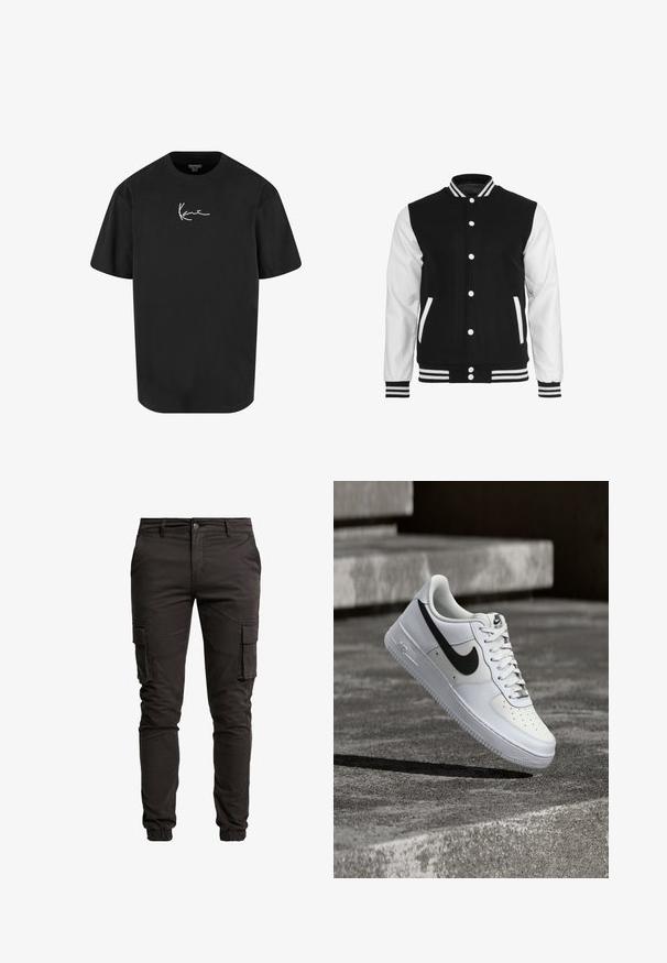 Zwart-witte varsityjack met een wollen lichaam en leren mouwen, voorzien van een geribbelde kraag, manchetten en twee voorkruispockets.; Zwarte katoenen t-shirt met korte mouwen, ronde hals en een witte handtekeninglogo gedrukt op de voorkant. Soepele textuur en een ontspannen pasvorm.; Zwarte cargo pants van een katoenmengsel, met zijzakken, elastische manchetten, een knoopsluiting en een gladde, matte textuur.; Witte Nike Air Force 1 sneaker met zwarte swoosh, veters gestrikt, zwevend in de lucht boven een gestructureerd betonnen oppervlak buiten.