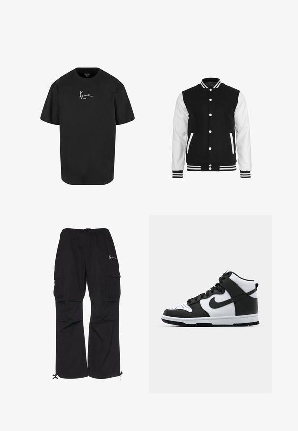 Veste de style varsity noir et blanc avec un corps en laine et des manches en cuir, dotée d'un col, de poignets et de deux poches avant côtelés.; T-shirt en coton noir à manches courtes, col rond, avec un logo signature blanc imprimé à l'avant. Texture lisse et coupe décontractée.; Pantalons cargo noirs en tissu léger, dotés d'une taille élastique avec cordon de serrage, de poches latérales et de poignets ajustables.; Baskets montantes noir et blanc avec tige en cuir, boîte à orteils perforée, logo swoosh proéminent et semelle en caoutchouc texturée.
