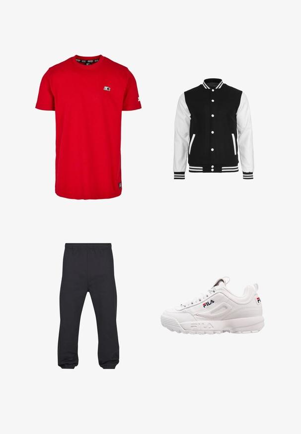 Sort og hvid varsity-jakke med en uldkrop og lærsleeves, der har en ribbet krave, ærmer og to frontlommer.; Rød bomulds t-shirt med rund hals, korte ærmer og et lille sort logo på venstre bryst og ærme. Glat, ensfarvet stof.; Sorte joggingbukser med elastisk taljebånd og elastiske manchetter, lavet af et blødt, glat stof, vist fladt forfra.; Hvid atletisk sneakers med en glat læderoverdel, polstret krave, teksturerede sidepaneler og et mærkeforretning i rød og blå.