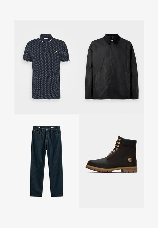 Zwarte jas met een gladde afwerking, corduroy kraag, knoopsluiting aan de voorkant en twee zijzakken. Eenvoudig ontwerp zonder zichtbare patronen.; Marineblauwe polo met een klein wit stippenpatroon, korte mouwen, witte accenten op de kraag en manchetten, en een gele logo op de borst.; Donkerblauwe spijkerbroek met knopen en rits aan de voorkant, vijf zakken en contrasterende oranje stiksels.; Zwarte leren enkellaars met gouden oogjes, bruine accenten en een rubberen zool. Heeft een gevoerde kraag en geperst logo aan de zijkant.